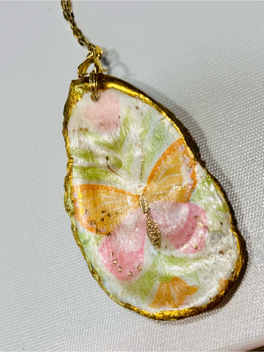 Handmade shell Pink & Gold Butterfly Pendant Necklace with plated gold chain